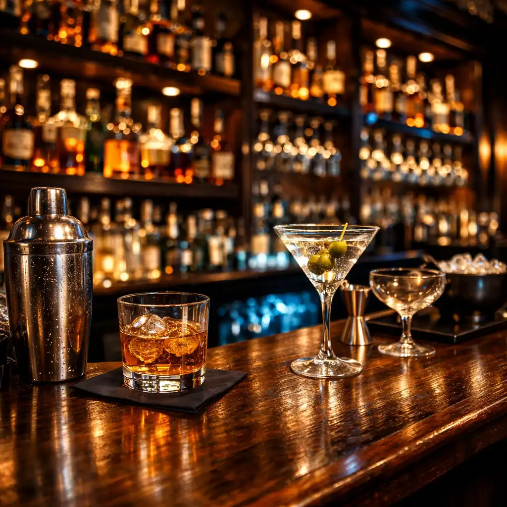 Bar restaurace s lahvemi alkoholu a jemným osvětlením