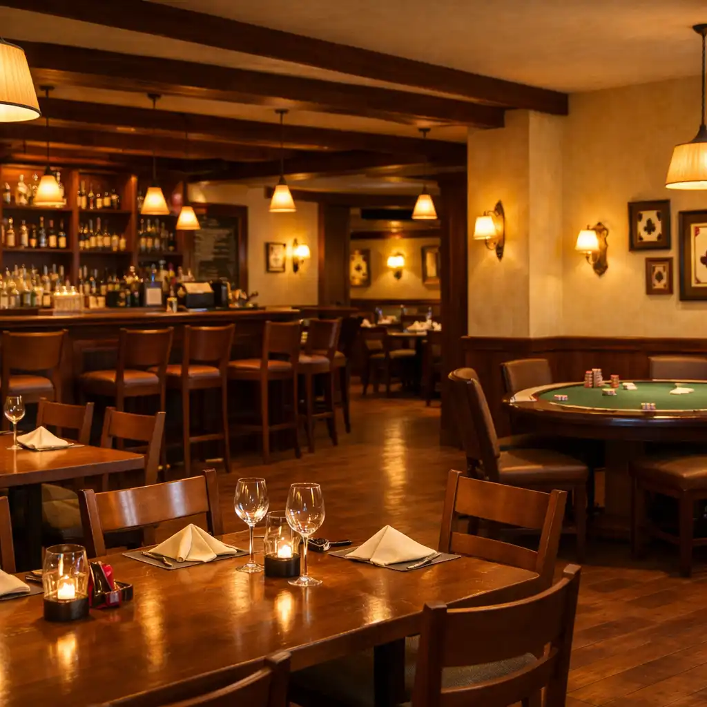 Interiér restaurace Chutná Sklenka s barem, dřevěnými stoly a teplým osvětlením