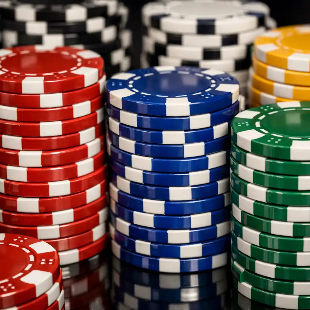 Detail pokerových žetonů různých barev naskládaných na sobě