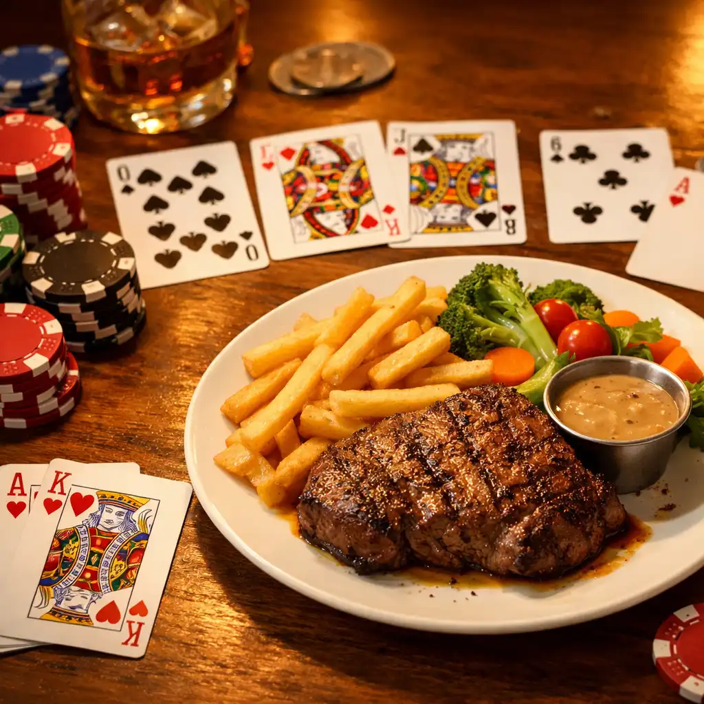 Pokerové karty a žetony vedle talíře s jídlem na stole