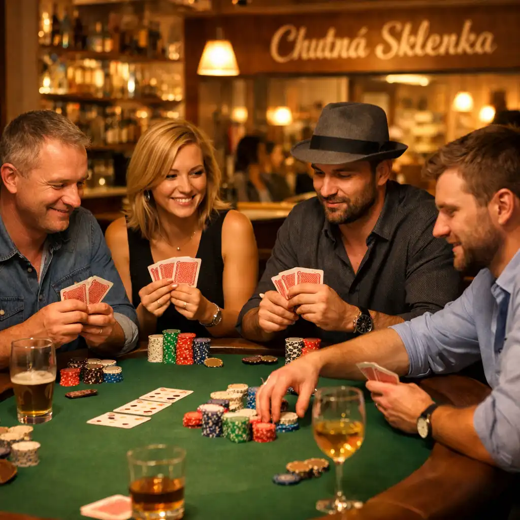 Hráči u pokerového stolu během večera v restauraci Chutná Sklenka