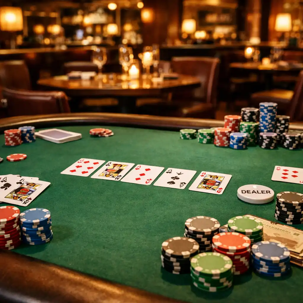 Profesionální pokerový stůl s kartami a žetony v restauraci Chutná Sklenka