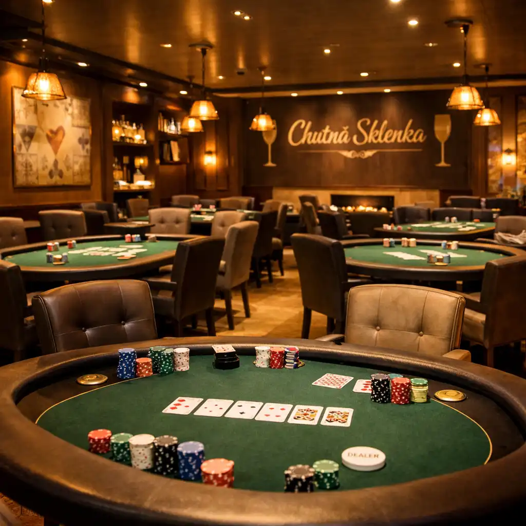 Interiér poker room se třemi stoly a pohodlnými křesly