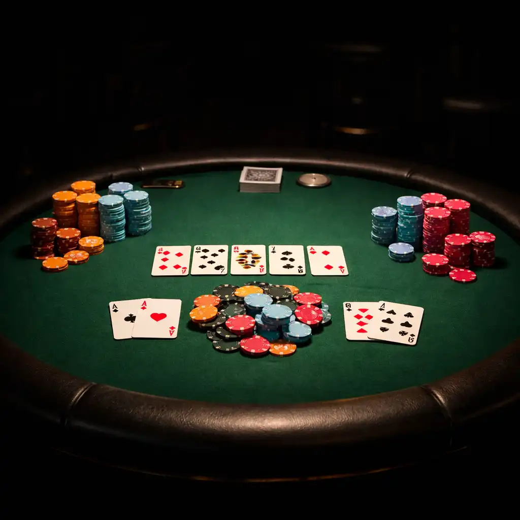 Profesionální pokerový stůl s kartami a barevnými žetony v poker room Chutné Sklenky