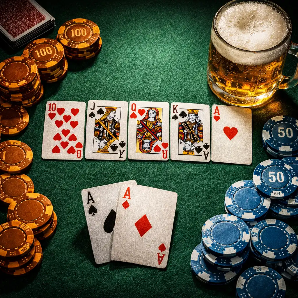 Pokerový stůl s kartami, žetony a sklenicí piva