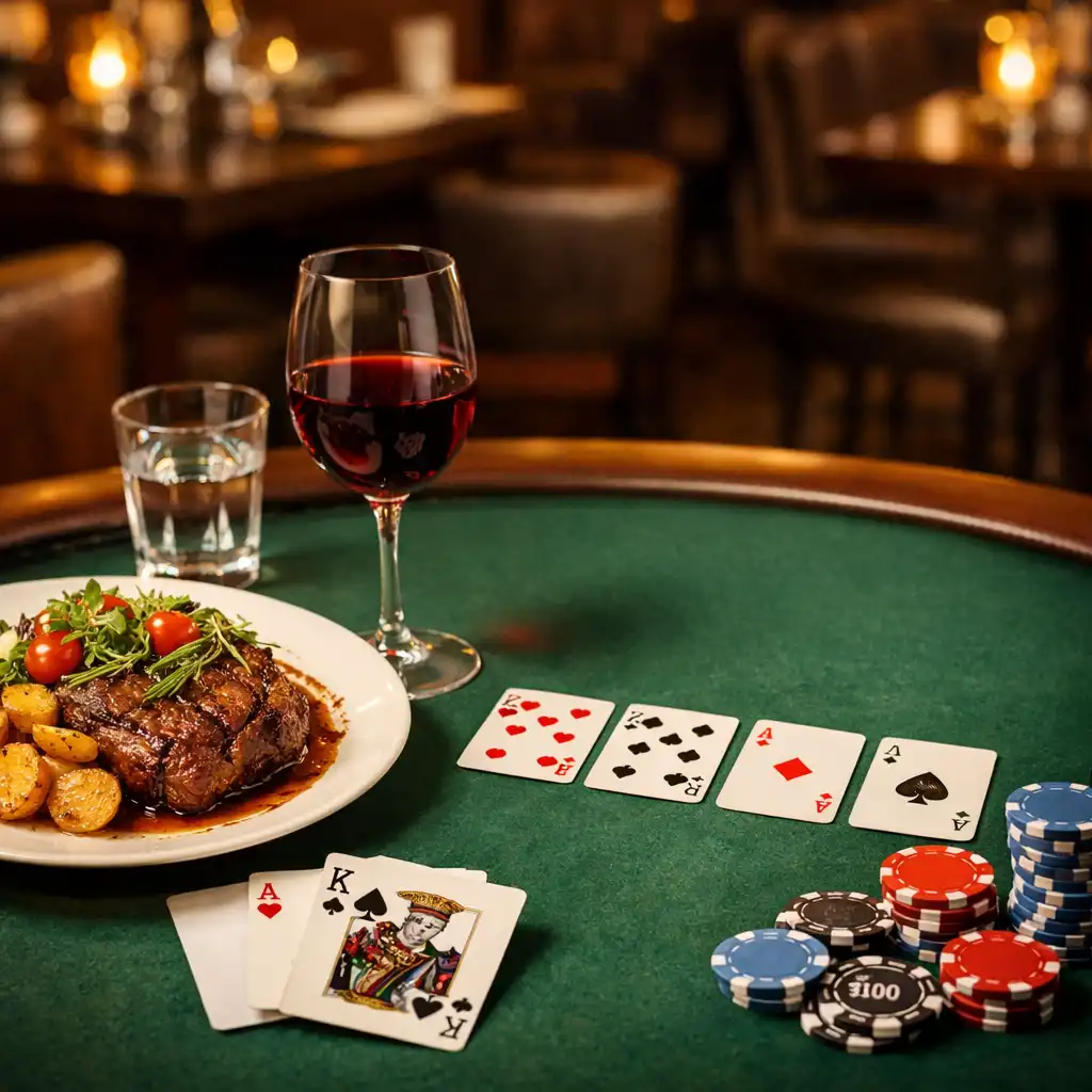Pokerový stůl v restauraci s talířem jídla a sklenicí vína