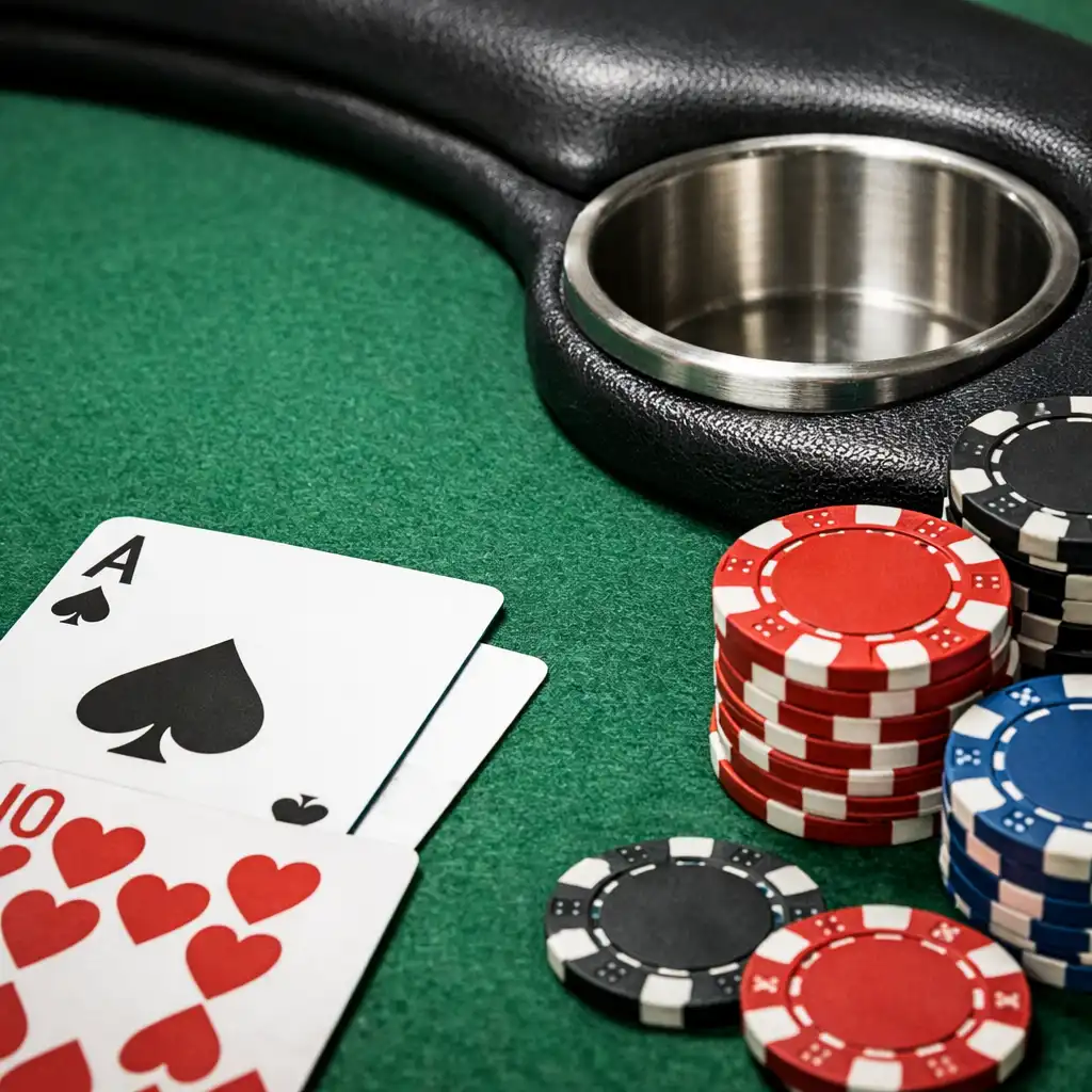 Detail pokerového stolu s plstěným povrchem a držáky na nápoje
