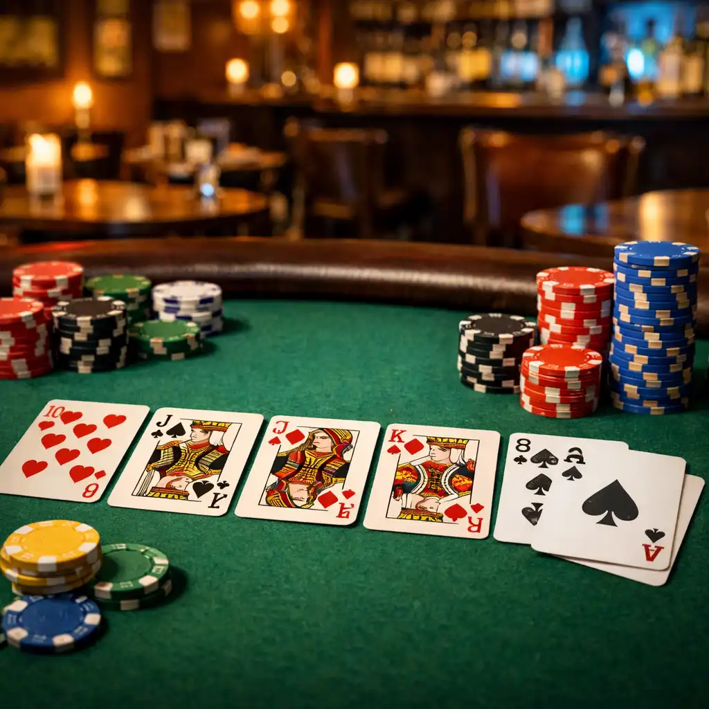 Profesionální pokerový stůl s kartami a žetony v restauraci Chutná Sklenka