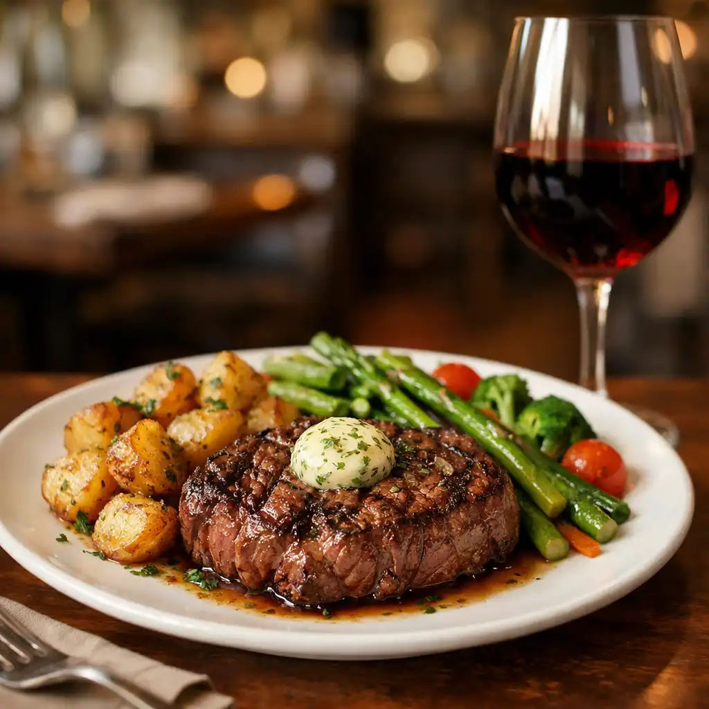 Steak s přílohou a sklenice vína v restauraci Chutná Sklenka
