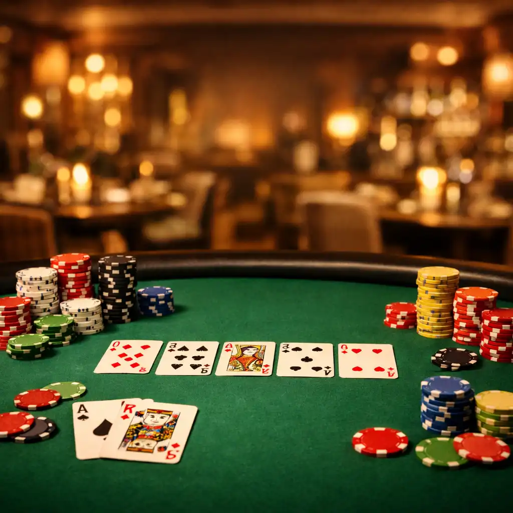 Profesionální pokerový stůl s kartami a žetony v restauraci Chutná Sklenka