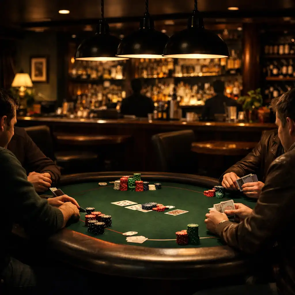 Interiér poker room v restauraci Chutná Sklenka s hráči u stolu