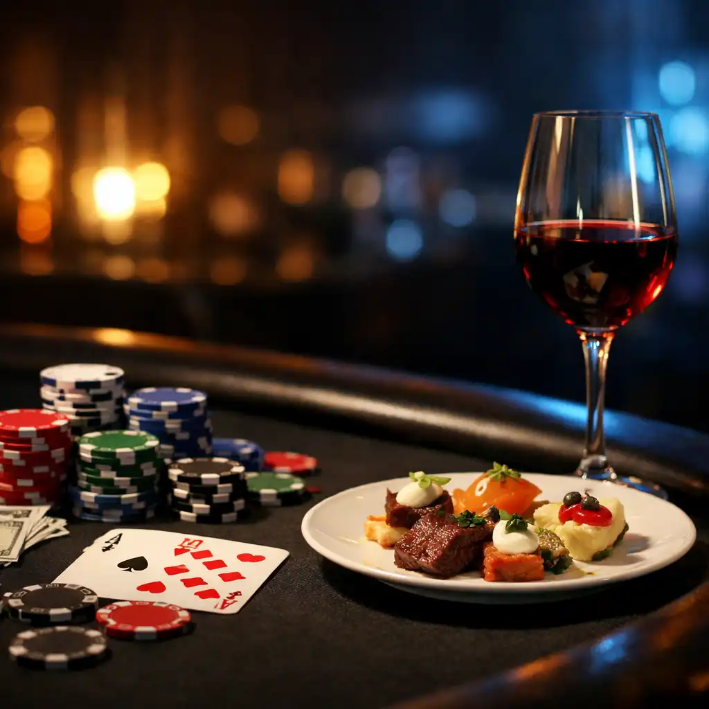Pokerový stůl s žetony, kartami a talířem se specialitami