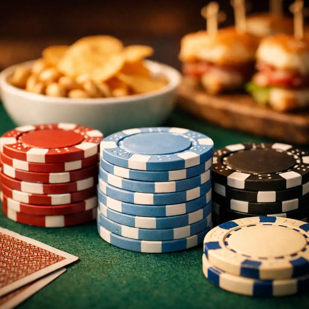 Pokerové žetony a malé občerstvení na stole