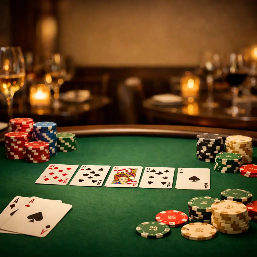 Pokerový stůl v restauraci Chutná Sklenka s kartami a žetony